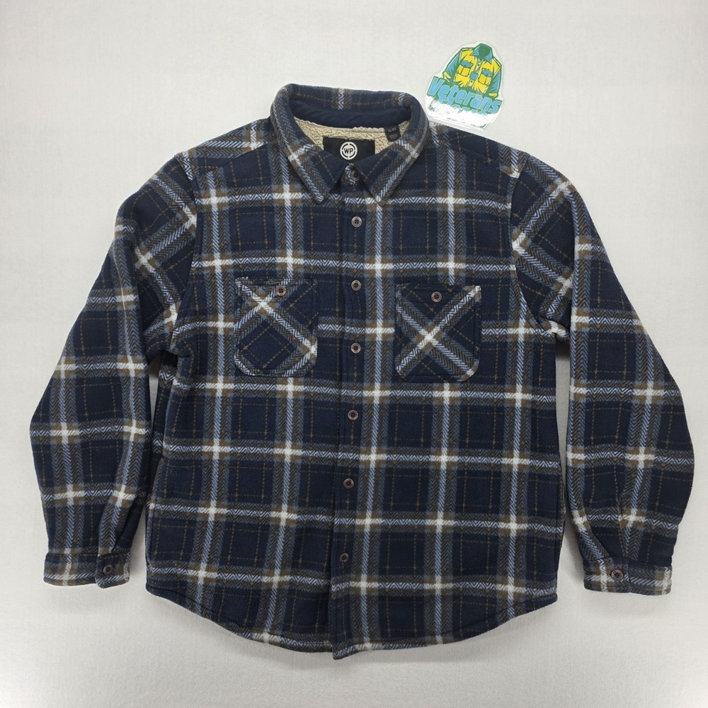 Weatherproof Vintage Men XL Plaid Blue Sherpa Lined Flannel Shirt Jacket Shacket